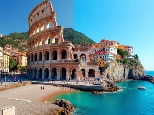 A captivating split image showcasing the grandeur of Rome's Colosseum alongside the colorful, cliffside houses of Positano on the Amalfi Coast.