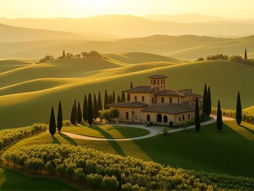 Classic Tuscan landscape featuring rolling hills dotted with cypress trees and a rustic farmhouse under a golden sun.