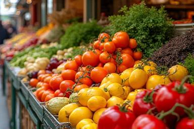 Vibrant display of fresh seasonal produce at a bustling Italian food market, inviting a culinary journey.