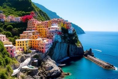 Breathtaking panoramic view of the Amalfi Coast with colorful houses perched dramatically on cliffs above the azure sea.